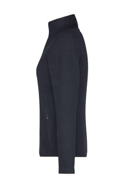 A polar fleece jacket in black, featuring a high collar and a zippered pocket on the side. It has a branding logo.