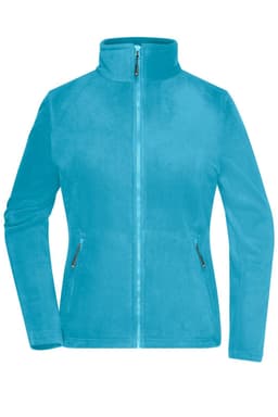 A blue fleece jacket with a high collar and zip front, featuring side pockets and a logo.