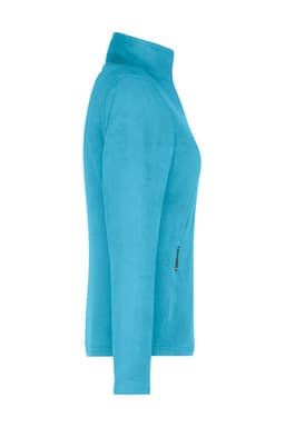 A ladies polar fleece jacket in a vibrant turquoise colour, featuring a zippered pocket and a high collar.