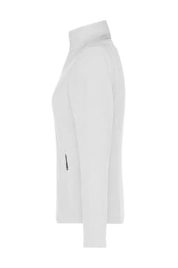 A ladies polar fleece jacket in white with a zippered pocket and a high collar. It has a clean, sleek design.