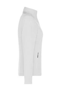 A white polar fleece jacket with a high collar and a zip pocket on the side. It has a sleek, fitted design.