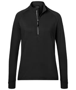A black ladies' sports shirt with a half-zip collar and long sleeves, featuring a small logo.