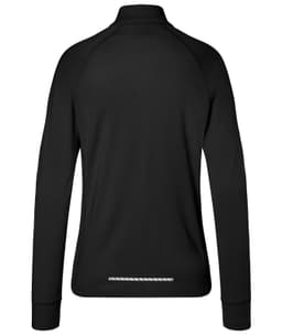 A black ladies' sports shirt with a half-zip and long sleeves, featuring a logo on the back.