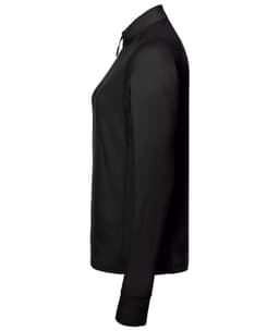 A black ladies sports shirt with a half zip design, featuring long sleeves and a sleek silhouette.