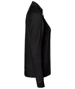 A black ladies' sports shirt with a half zip, featuring long sleeves and a fitted design. It has a logo on the front.