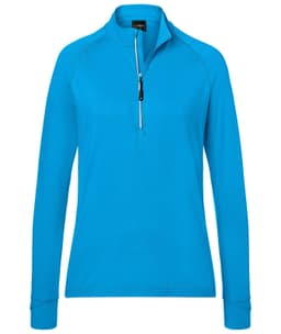 A ladies' half-zip sports shirt in bright turquoise, featuring long sleeves and a zippered collar. It has a logo.