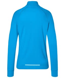 A blue ladies sports shirt with a half-zip, featuring long sleeves and a sleek design, has a logo on the back.