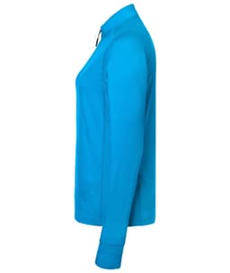 A bright blue ladies' sports shirt with a half-zip collar and long sleeves, featuring a logo.