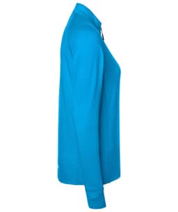 A vibrant blue ladies sports shirt with a half-zip design and long sleeves, featuring a subtle logo.