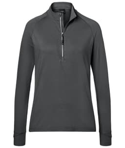 A ladies' sports shirt in dark grey with a half-zip closure and long sleeves. Features a logo on the front.