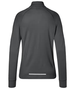A grey ladies sports shirt with a half-zip design and long sleeves, featuring a back view and a logo.