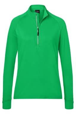 A green half-zip ladies' sports shirt with long sleeves and a zippered collar. It features a logo on the front.
