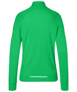 A green ladies sports shirt with a half-zip and long sleeves, featuring a rear reflective detail.