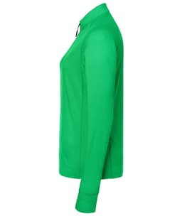 A side view of a women's sports shirt in bright green, featuring a half-zip design and long sleeves.