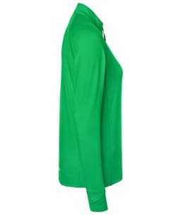 A green ladies’ sports shirt with a half zip and long sleeves, featuring a logo.