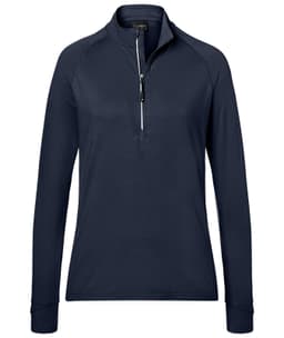 A navy half-zip long-sleeve shirt for ladies, featuring a zippered neckline and a logo.