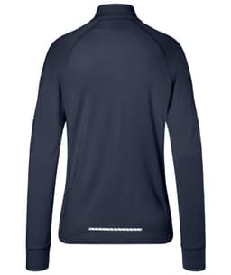 A navy ladies sports shirt with a half-zip design and long sleeves, featuring a logo on the back.
