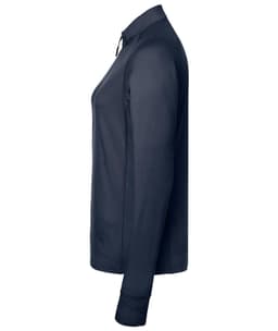 A navy ladies sports shirt with a half-zip design and long sleeves, featuring a logo.