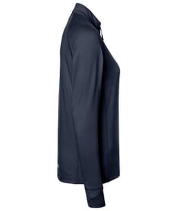 A navy ladies sports shirt with a half-zip design and long sleeves. Features a logo on the chest.