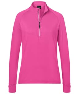 A pink ladies sports shirt featuring a half-zip collar and long sleeves, with a logo on the chest.