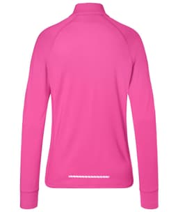 A pink ladies sports shirt with a half-zip design and long sleeves, featuring a logo.