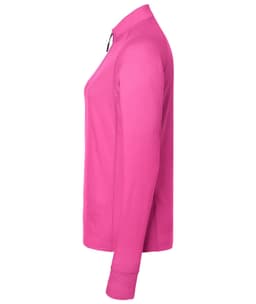 A pink half-zip sports shirt for women, featuring long sleeves and a sleek design. Contains a logo.