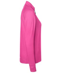 A pink ladies sports shirt with a half-zip front and long sleeves. It features a logo on the side.