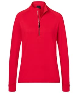 A red ladies' sports shirt with a half zip and long sleeves, featuring a branding logo.