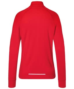 A red half-zip sports shirt for ladies, featuring long sleeves and a neck collar. It has a logo and reflective detailing.