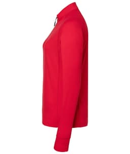 A red ladies sports shirt with a half-zip design and long sleeves, featuring a logo on the chest area.