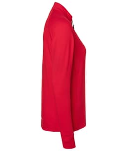 A red ladies sports shirt with a half-zip design and long sleeves, featuring a logo on the side.