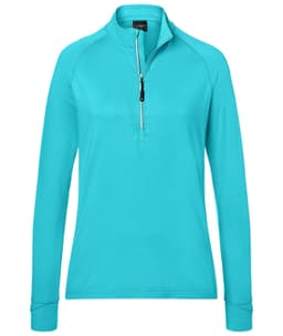 A turquoise ladies sports shirt featuring a half-zip design and long sleeves. It has a logo on the chest.