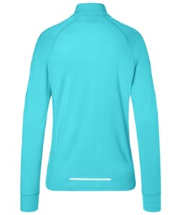 A turquoise ladies' sports shirt features a half-zip and long sleeves, with a logo on the back.