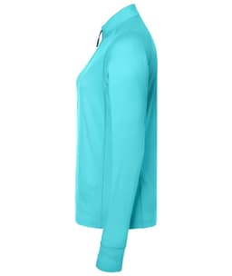 A turquoise ladies sports shirt with a half-zip, featuring long sleeves and a simple design. It has a branding logo.
