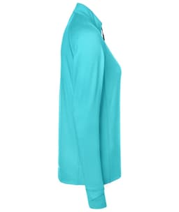 A turquoise ladies sports shirt with a half-zip design and long sleeves, featuring a logo.