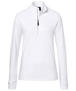 A white ladies sports shirt with a half zip and long sleeves. It features a logo on the chest.