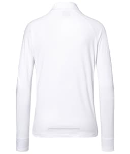 A white ladies sports shirt with a half-zip and long sleeves, featuring a logo on the back.
