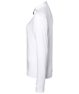 A white ladies' sports shirt with a half zip and long sleeves, featuring a logo on the side.