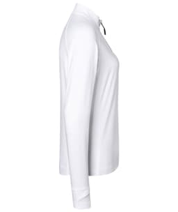A white ladies' sports shirt featuring a half zip and long sleeves, with an accompanying logo.