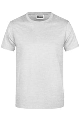 A light grey T-shirt with a round neckline and short sleeves, featuring a logo.