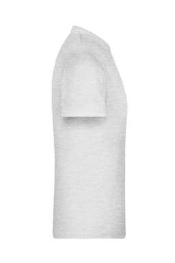A light grey T-shirt displayed from the side, featuring short sleeves and a simple design with a logo.