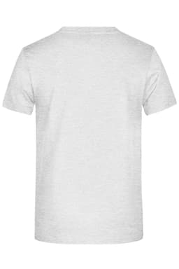 A plain grey T-shirt featuring a simple design on the back. It has a logo at the neck.