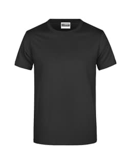A black T-shirt with short sleeves, featuring a label at the neckline and no visible designs or patterns.