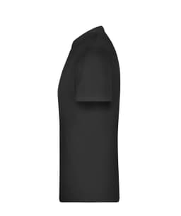 A black T-shirt with short sleeves, displayed from the side. It features a logo on the upper part.