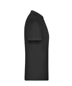 A black T-shirt with short sleeves, displayed from a side view. The shirt features a logo on the front.