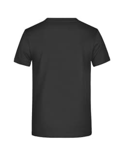 A black t-shirt featuring a plain back and a logo on the neck area.