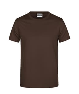 A brown T-shirt featuring a classic crew neck design and short sleeves. It has a label on the inside.