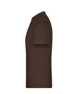 A brown T-shirt displayed from the side view, featuring a plain design and a fitted shape. It includes a logo.