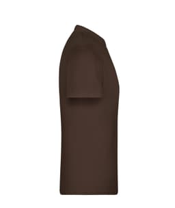 A brown t-shirt featuring short sleeves and a crew neckline, with a logo on the side.