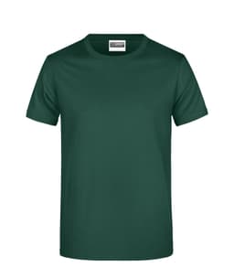 A green T-shirt with a crew neck, short sleeves, and a blank front. It features a logo on the label.